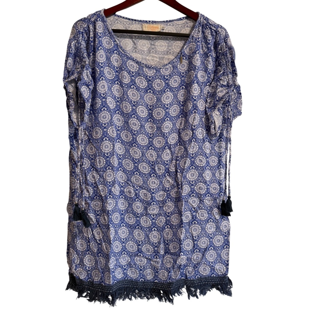 Boho fringe Blue White Medallion Tunic Top One Size Tassel Rayon‎ Womens